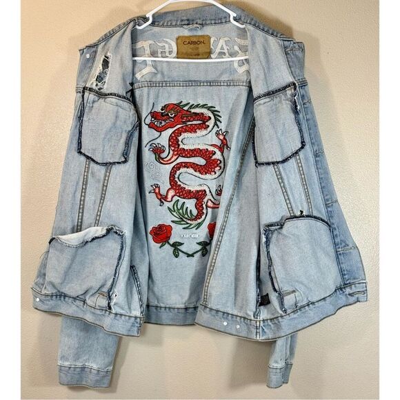 Carbon Savage Embroidered Dragon Rose Distressed Ripped Denim Jacket, Men's XXL - Picture 10 of 12